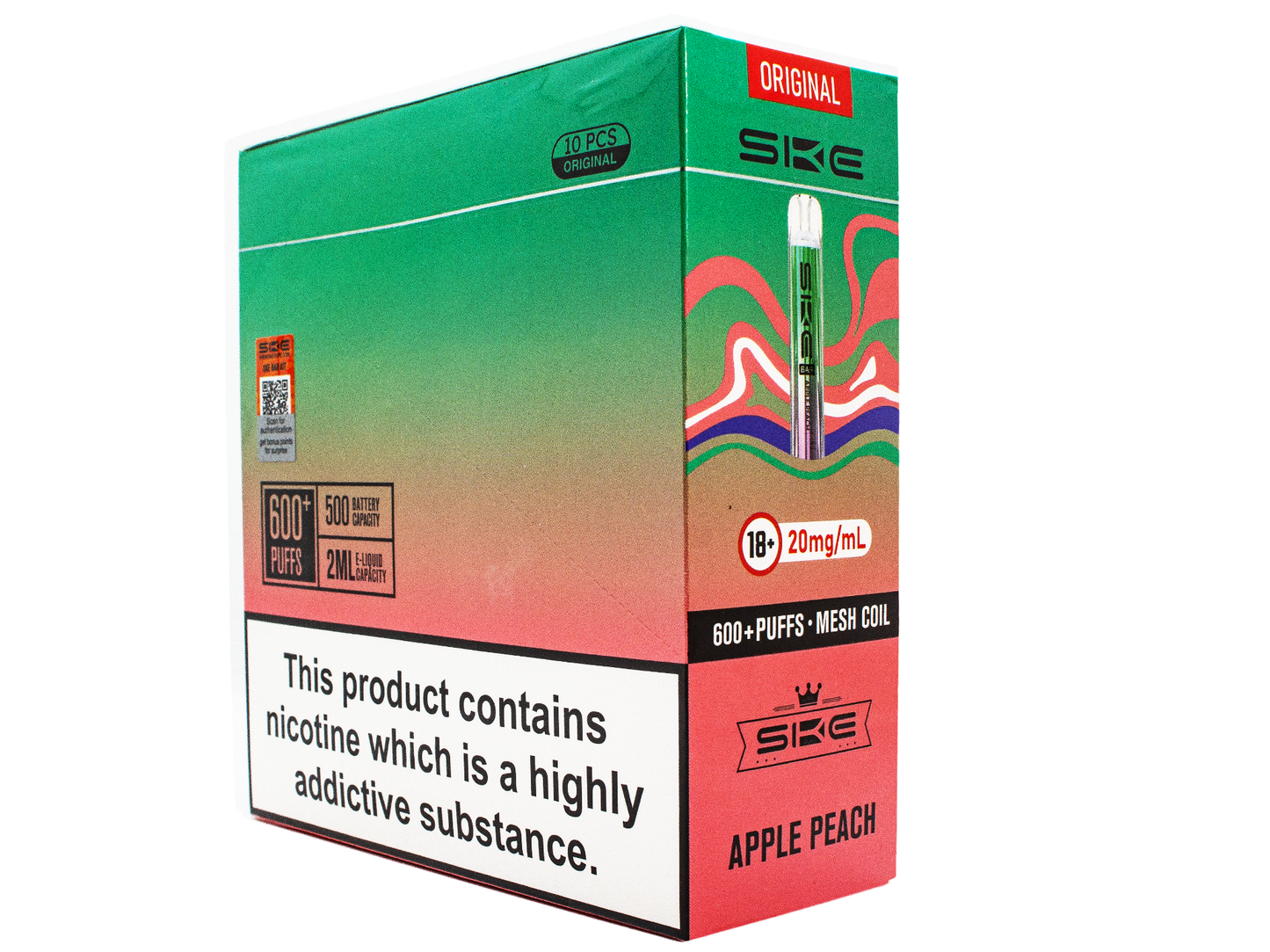SKE Crystal BAR KIT 600 Prefilled - Apple Peach - 10 PACK - RECHARGEABLE - REPLACEABLE PODS