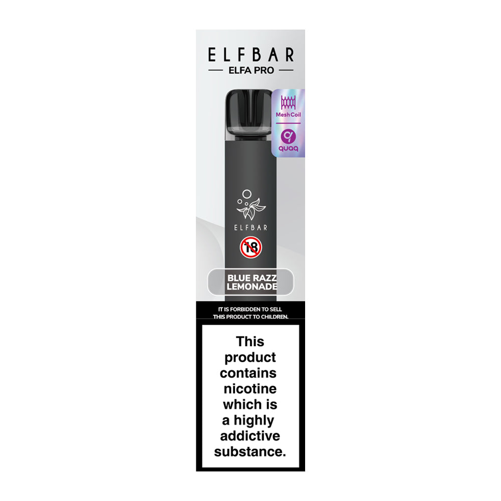 Rechargeable Elf Bar Pro pens. 10 Black pens filled with Blue Razz Lemonade. 10 pack.