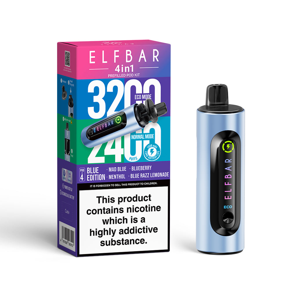 Elf Bar 4 in 1 -. Blue Edition - Mad Blue - Blueberry - Blue Razz Lemonade - Menthol - 5 pack (