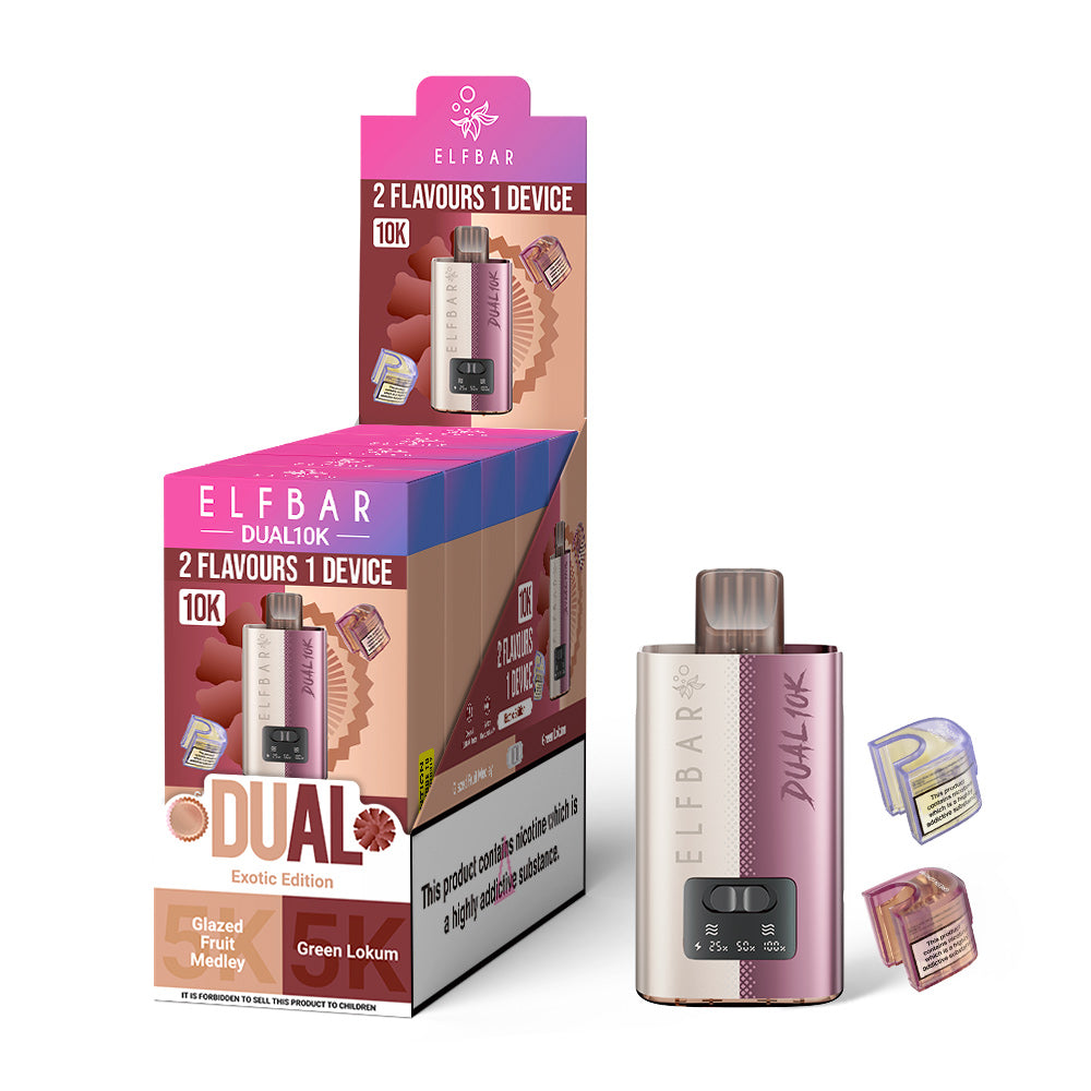 ELF BAR 10K Exotic Edition: Glazed Fruit Medley (mixed fruit, candy) and Green Lokum (green apple, Turkish delight) - 5 PACK