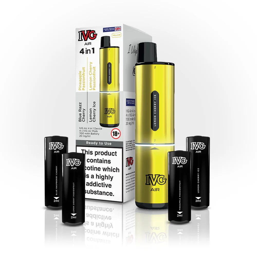 IVG Air 4 In 1 YELLOW EDITION - Blue Razz Cherry - Lemon Cherry Ice - Pineapple Passionfruit - Lemon Cherry Passionfruit - 5 PACK
