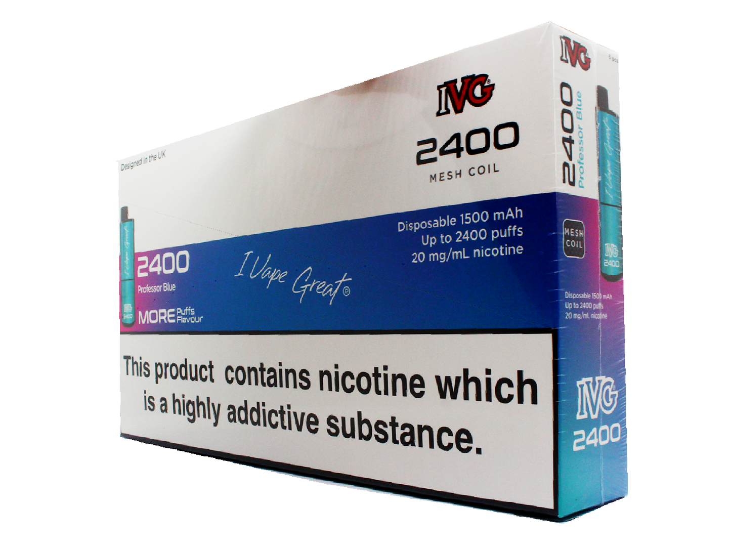 IVG 2400 puff Professor Blue - Sweet and sharp raspberry with blueberry - 4 pods in 1 disposable vape. - 5 pack