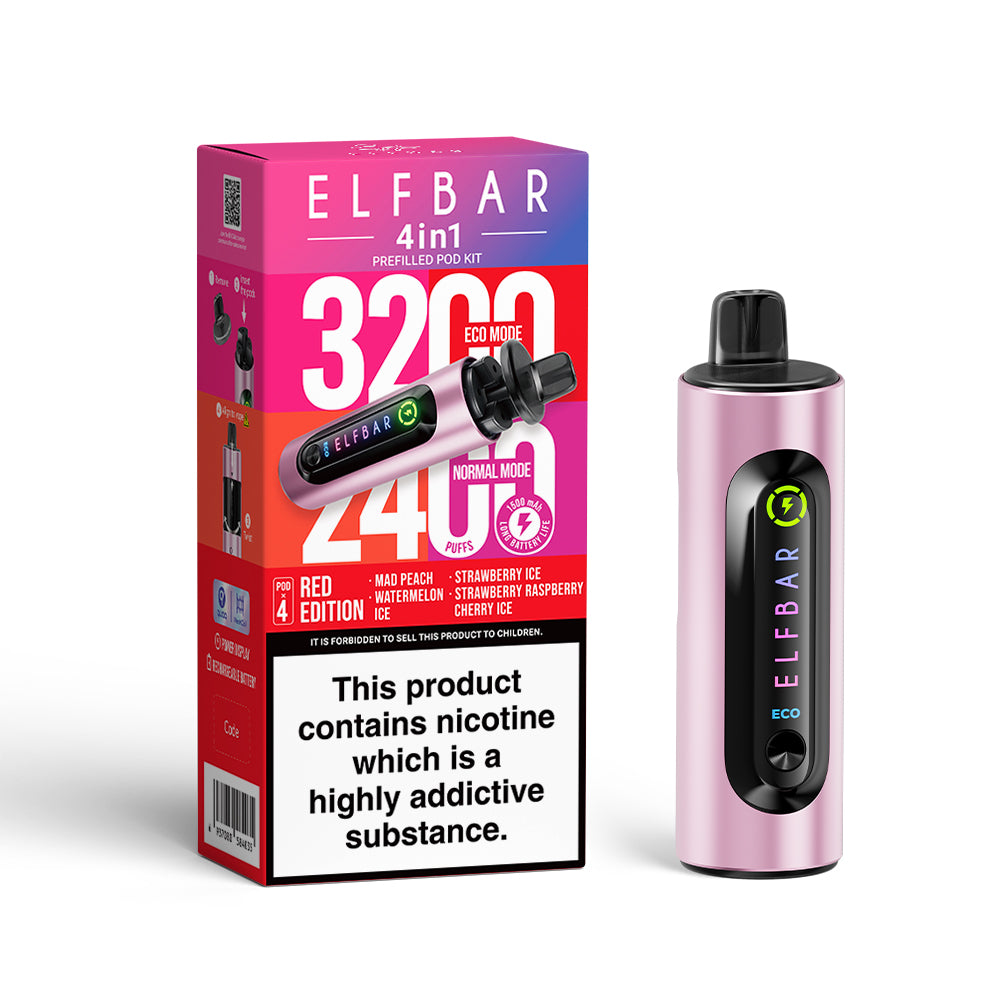 Elf Bar 4 in 1 -.Red Edition - Strawberry Ice - Watermelon Ice - Mad Peach - Strawberry Raspberry Cherry Ice - 5 pack (