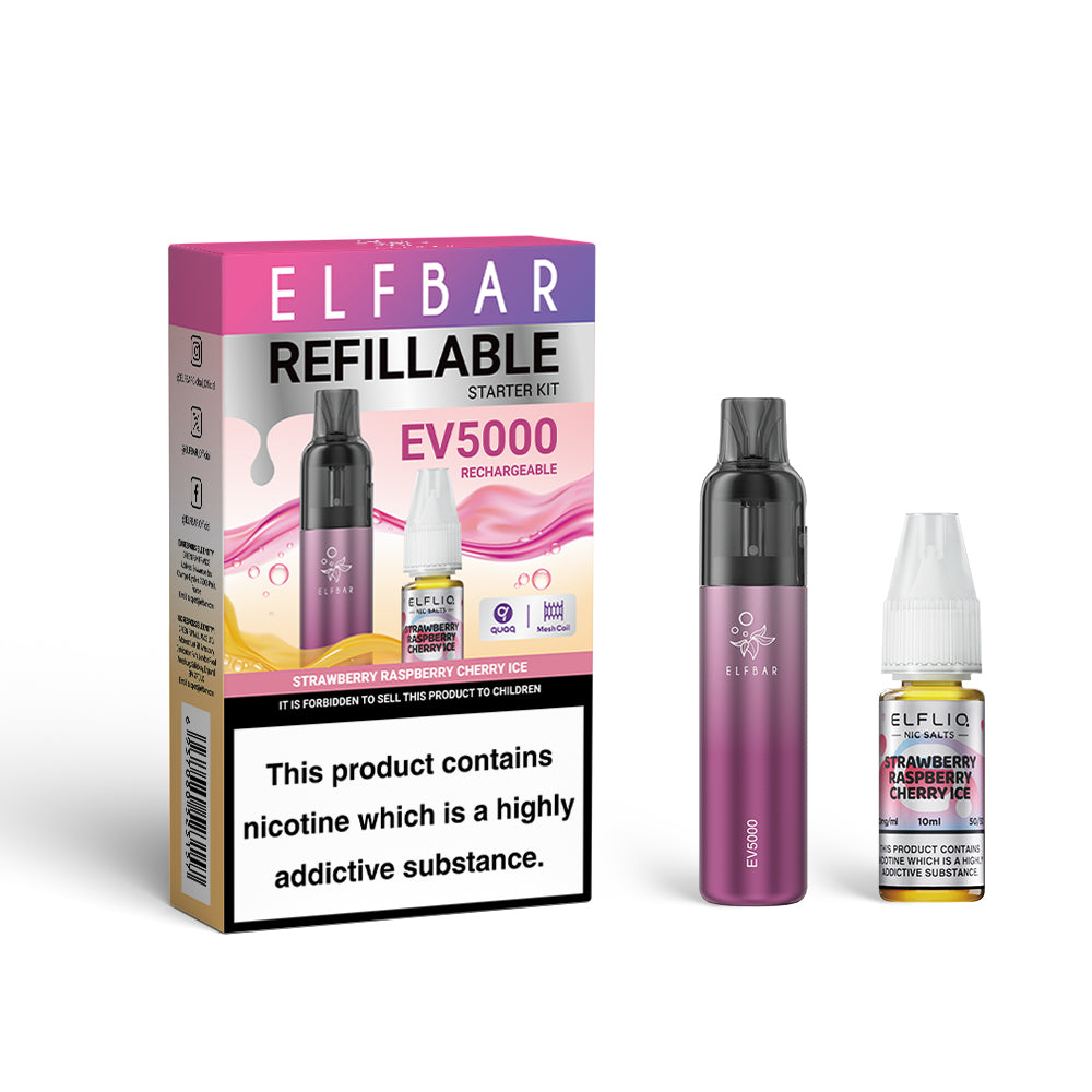 Elf Bar EV5000 Refillable Starter Kit Strawberry Raspberry Cherry Ice Flavour - 5 pack