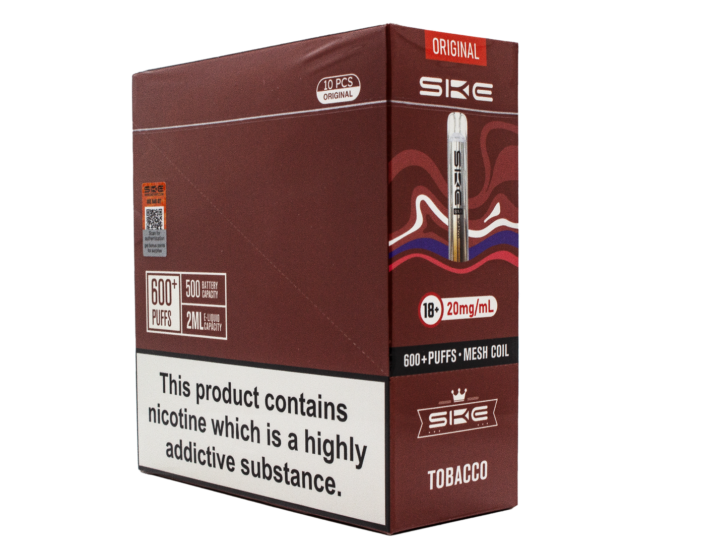SKE Crystal BAR KIT 600 Prefilled - Tobacco - 10 PACK - RECHARGEABLE - REPLACEABLE PODS