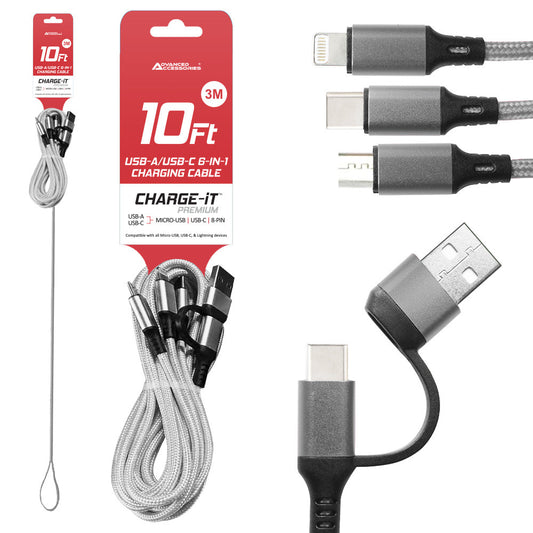 AA CHARGE-iT Premium 6in1 USB Cable (3 Metres)  Switchable USB-A/USB-C input connector, and three different output connectors (USB-C, 8-Pin, and Micro-USB) The USB-C output connector also features data transfer. Charge up to three devices simultaneously.