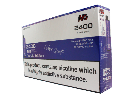 IVG 2400 puff - PURPLE EDITION - Blue Razz Cherry, Fizzy Cherry, Grape Ice and Plum Blue Razz  - 4 pods in 1 disposable vape. - 5 pack