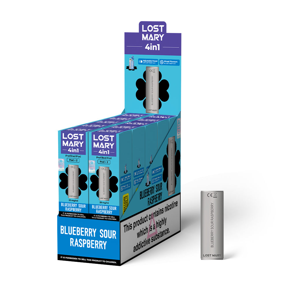 LOST MARY 4 IN 1 REPLACEMENT PREFILLED PODS - BLUEBERRY SOUR RASPBERRY - 10PKS OF 2 PODS