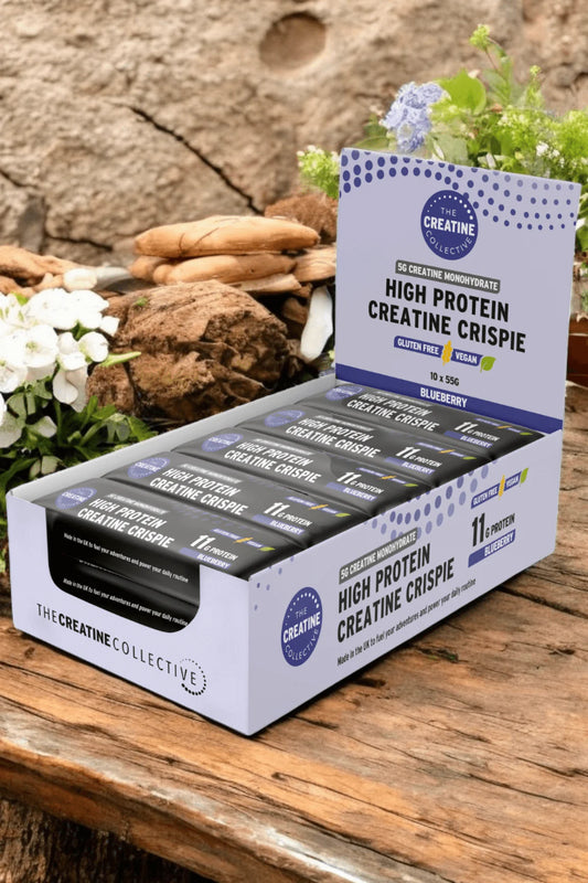 Handmade vegan protein bar with Blueberry crunch 5g creatine - 10 Pack Gluten-free, plant-based snack crafted in a family-run UK bakery.  Only 1.29 per bar - RRP 2.50