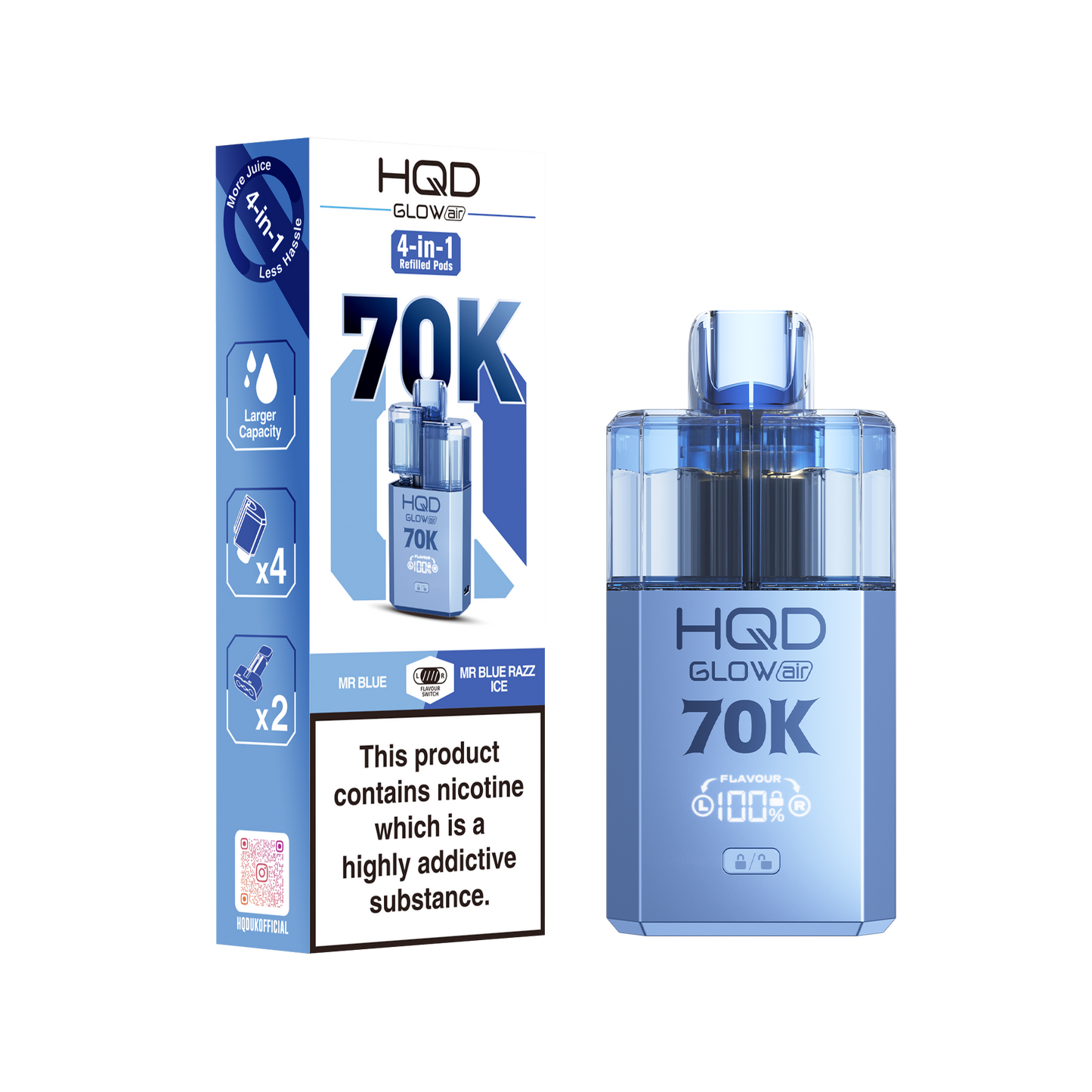 HQD GLOWAIR 70K - Mr Blue & Mr Blue Razz Ice  - 5 pack