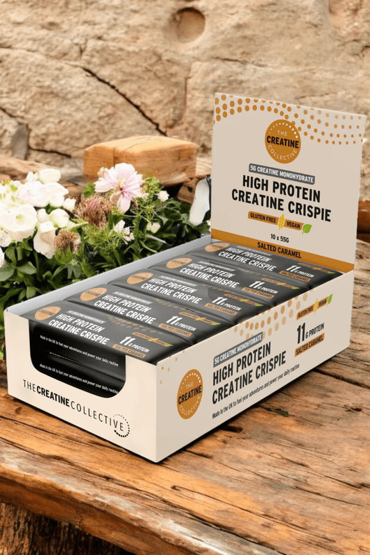 Handmade vegan protein bar with Salted Caramel crunch -  5g creatine - 10 Pack - Gluten-free, plant-based snack crafted in a family-run UK bakery.  Only 1.29 per bar - RRP 2.50