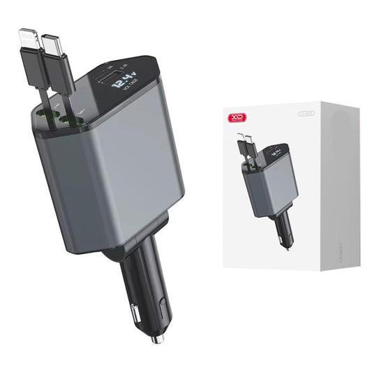 4in1 in-car charger. Charge up to four devices simultaneously while on the go. 1x retractable PD USB-C cable 1x retractable 8-Pin cable 1x USB-A port 1x USB-C port