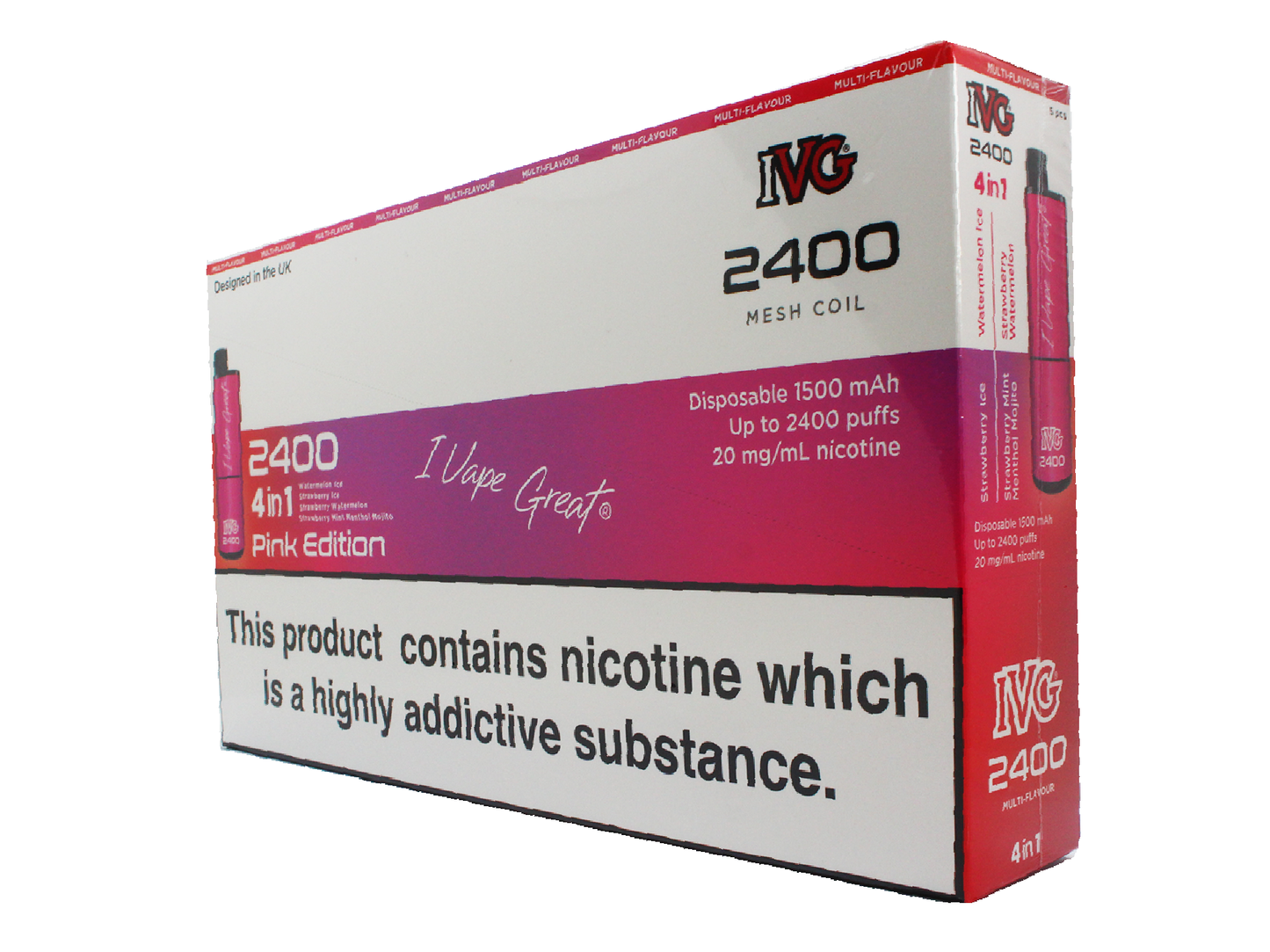 IVG 2400 puff - PINK EDITION Strawberry Ice, Strawberry Watermelon, Strawberry Mint Menthol Mojito and Watermelon Ice - - 4 flavours in 1 disposable vape. - 5 pack