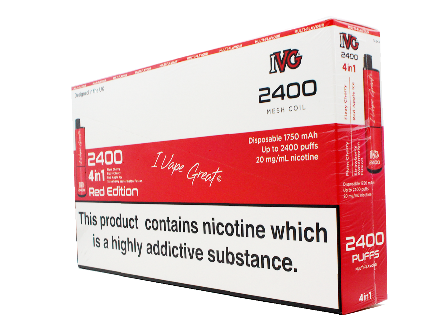 IVG 2400 puff - RED EDITION -Plum Cherry, Fizzy Cherry, Strawberry Watermelon Fusion and Red Apple Ice  - 4 pods in 1 disposable vape. - 5 pack