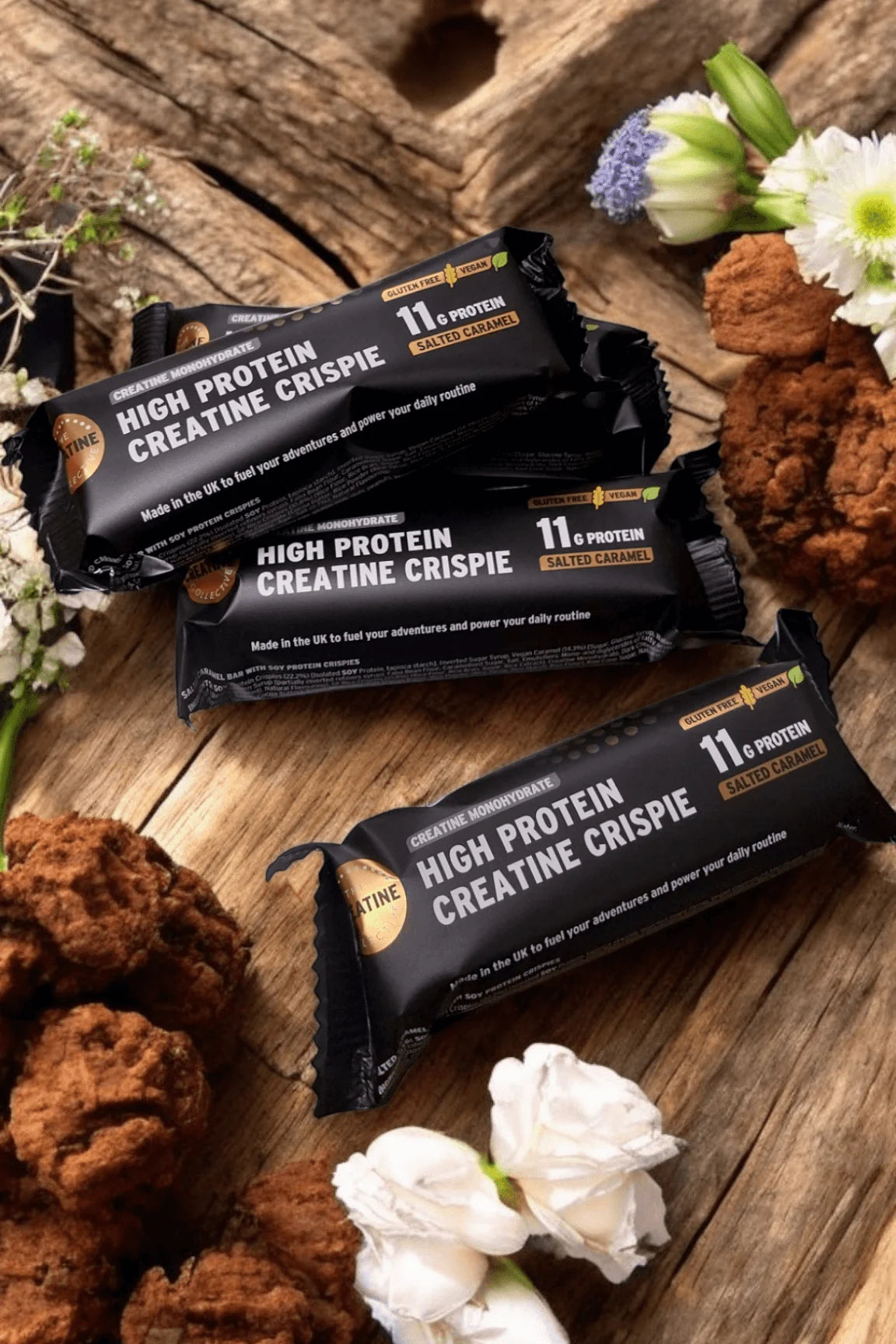 Handmade vegan protein bar with Salted Caramel crunch -  5g creatine - 10 Pack - Gluten-free, plant-based snack crafted in a family-run UK bakery.  Only 1.29 per bar - RRP 2.50